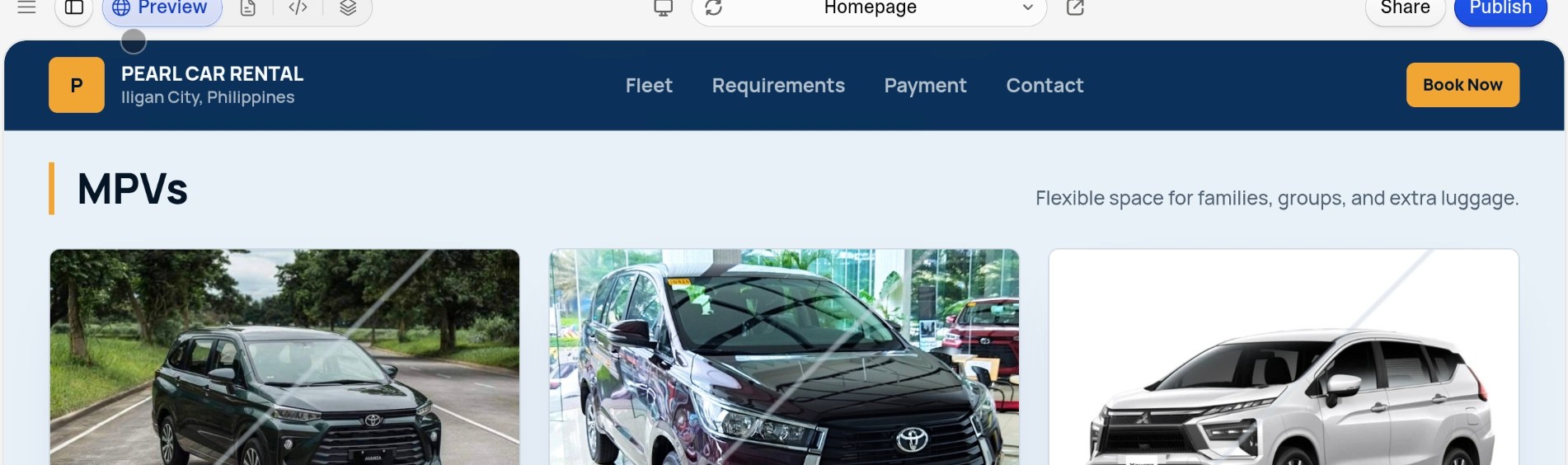 Pearl Car Rental website detail view
