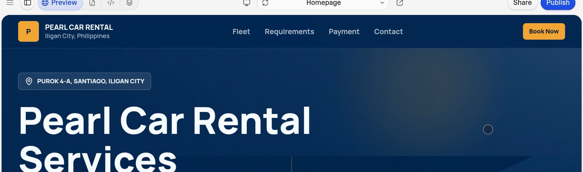 Pearl Car Rental website homepage
